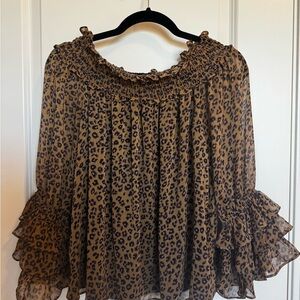 CeCe Brown Leopard Print Ruffle Sleeve Blouse